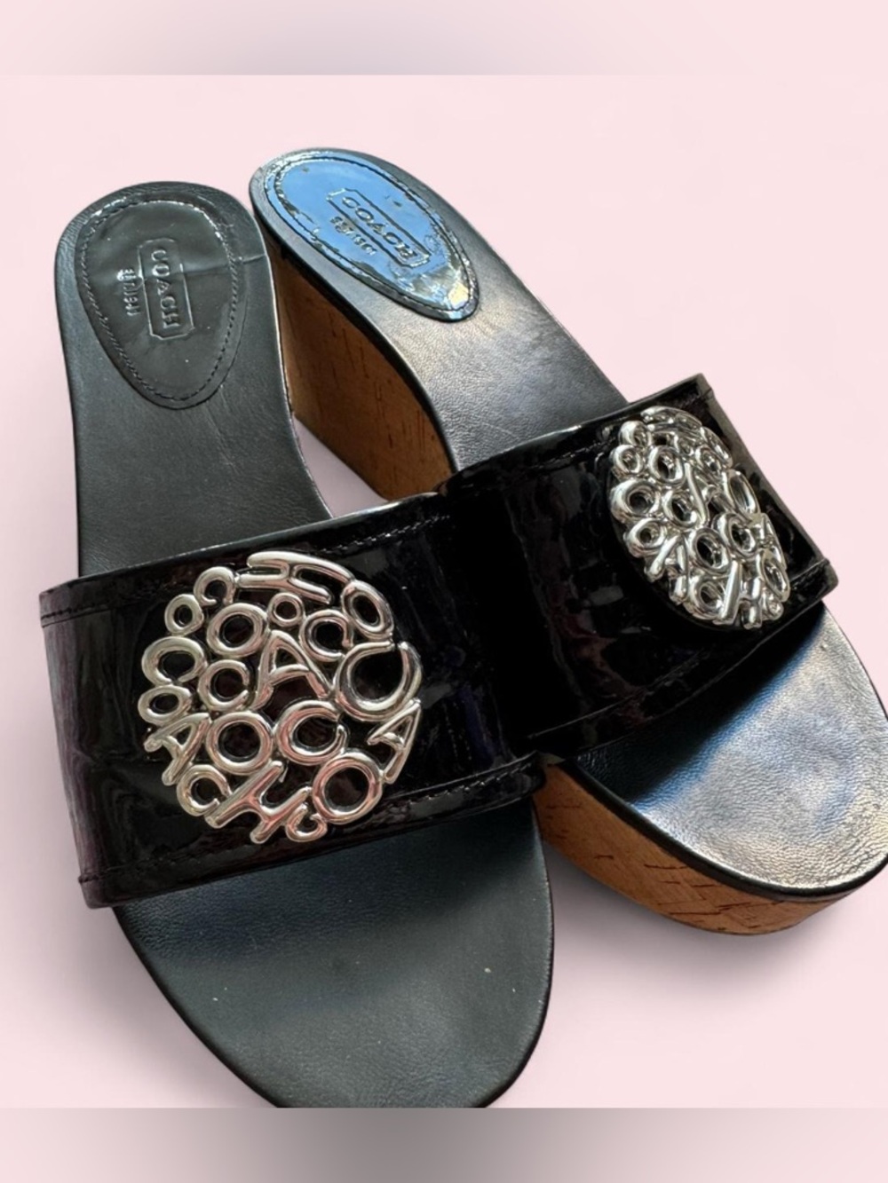 Coach Black Patent Leather Platform Slide Sandals with Silver Emblem